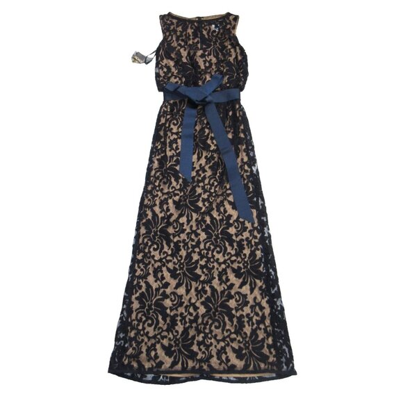 NWT TADASHI SHOJI Embroidered Lace Blouson Gown in Navy Nude Maxi Dress 4 - Picture 3 of 10